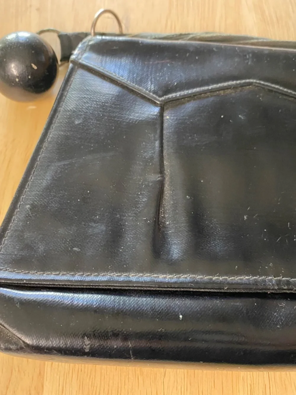 VIntage Black Purse • Fabric Handle With Ball Flap Close • Internal Coin Purse